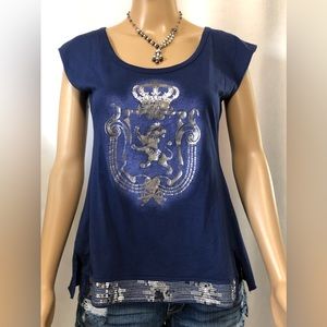 Express blue reworked top with sequins and lion logo. Very unique!